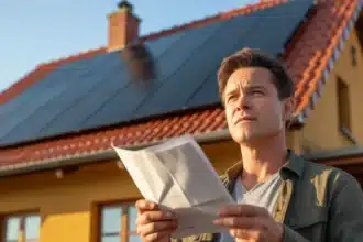Panele fotowoltaiczne na dachu polskiego domu jednorodzinnego – właściciel z rachunkiem w ręku, 2026