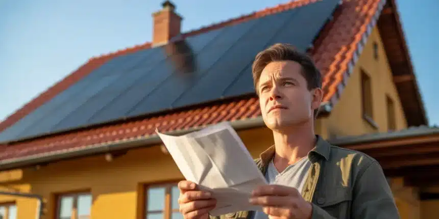 Panele fotowoltaiczne na dachu polskiego domu jednorodzinnego – właściciel z rachunkiem w ręku, 2026