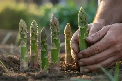 Świeże pędy szparagów wyrastające z ziemi w ogrodzie – technika sadzenia w kopczyku, kwiecień