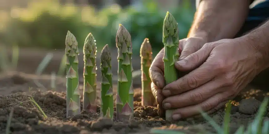 Świeże pędy szparagów wyrastające z ziemi w ogrodzie – technika sadzenia w kopczyku, kwiecień