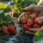 Dojrzałe czerwone truskawki na czarnej agrowłókninie w ogrodzie – koreańska metoda uprawy bez chwastów i chemii