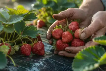 Dojrzałe czerwone truskawki na czarnej agrowłókninie w ogrodzie – koreańska metoda uprawy bez chwastów i chemii