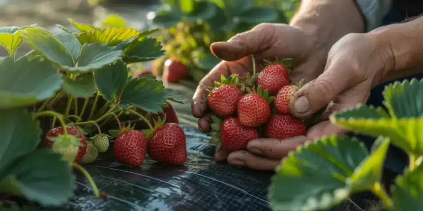 Dojrzałe czerwone truskawki na czarnej agrowłókninie w ogrodzie – koreańska metoda uprawy bez chwastów i chemii