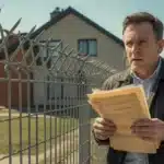 Właściciel posesji z dokumentami przed metalowym ogrodzeniem z drutem kolczastym – nowe przepisy 2026