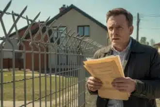 Właściciel posesji z dokumentami przed metalowym ogrodzeniem z drutem kolczastym – nowe przepisy 2026