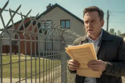 Właściciel posesji z dokumentami przed metalowym ogrodzeniem z drutem kolczastym – nowe przepisy 2026