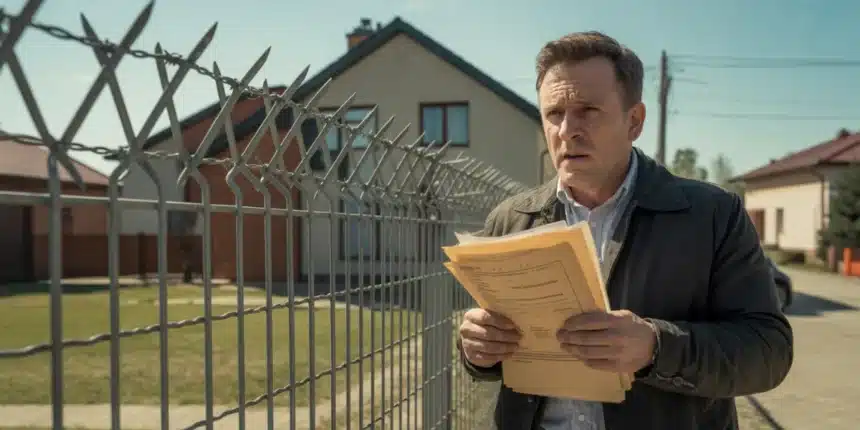Właściciel posesji z dokumentami przed metalowym ogrodzeniem z drutem kolczastym – nowe przepisy 2026