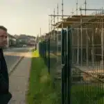 Właściciel posesji patrzy przez furtkę na ekipę budowlaną z rusztowaniem przy granicy działki – nowe przepisy 2026