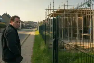Właściciel posesji patrzy przez furtkę na ekipę budowlaną z rusztowaniem przy granicy działki – nowe przepisy 2026