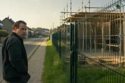 Właściciel posesji patrzy przez furtkę na ekipę budowlaną z rusztowaniem przy granicy działki – nowe przepisy 2026