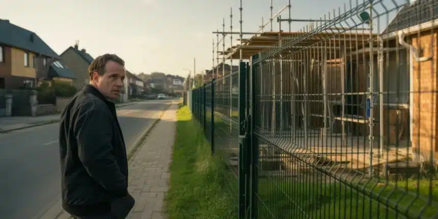 Właściciel posesji patrzy przez furtkę na ekipę budowlaną z rusztowaniem przy granicy działki – nowe przepisy 2026