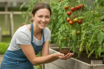 Kobieta trzyma fusy z kawy nad grządką z pomidorami — naturalny nawóz do ogrodu