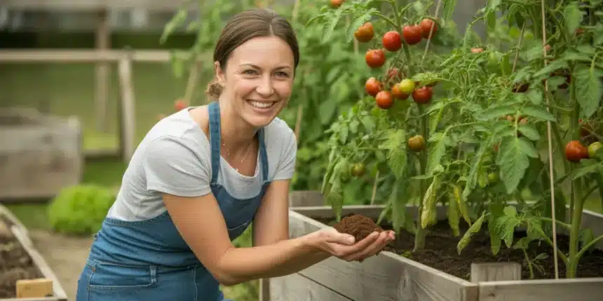 Kobieta trzyma fusy z kawy nad grządką z pomidorami — naturalny nawóz do ogrodu