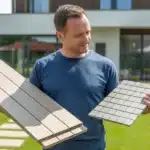Mężczyzna porównuje kostkę brukową i deskę kompozytową w ogrodzie — wybór nawierzchni tarasowej w 2026 roku