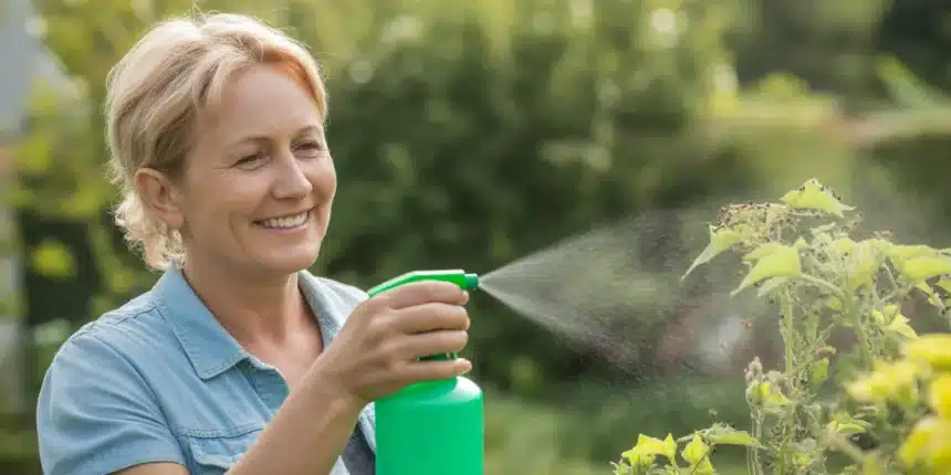 Kobieta spryskuje rośliny naturalnym opryskem z sody i octu na mszyce w ogrodzie