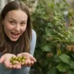 Kobieta na balkonie trzyma w dłoniach małe, gładkie owoce mini kiwi z japońskiej aktinidii — mrozoodporna roślina owocowa na balkon