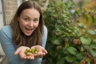 Kobieta na balkonie trzyma w dłoniach małe, gładkie owoce mini kiwi z japońskiej aktinidii — mrozoodporna roślina owocowa na balkon