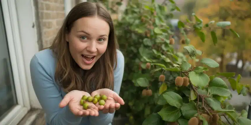 Kobieta na balkonie trzyma w dłoniach małe, gładkie owoce mini kiwi z japońskiej aktinidii — mrozoodporna roślina owocowa na balkon