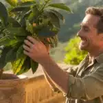 Nieśplik japoński (Eriobotrya japonica) w donicy na tarasie – duże zimozielone skórzaste liście i egzotyczny wygląd rośliny