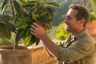 Nieśplik japoński (Eriobotrya japonica) w donicy na tarasie – duże zimozielone skórzaste liście i egzotyczny wygląd rośliny