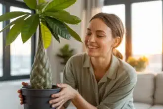 Pachira wodna (Pachira aquatica) z plecionym pniem w jasnym salonie – tropikalna roślina doniczkowa znana jako drzewko pieniędzy
