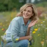Kobieta sieje nasiona losowo w ogrodzie w stylu japońskim shizen — kolorowe kwiaty polne rosną naturalnie przy płocie