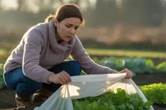 Kobieta zakrywa agrowłókniną rozsady warzyw w ogrodzie przed majowymi przymrozkami zimnych ogrodników