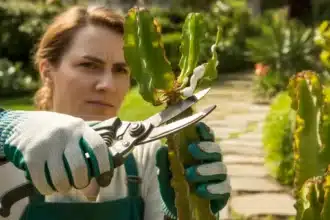 Wilczomlecz (Euphorbia) w ogrodzie – ogrodnik w rękawiczkach pracujący przy roślinie wydzielającej biały sok mleczny