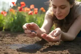 Wysiew maków polnych w ogrodzie – drobne nasiona Papaver rhoeas rozrzucane na słonecznej rabacie wiosną
