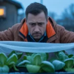 Ogrodnik przykrywa sadzonki agrowłókniną o zmierzchu — ochrona przed przymrozkami zimnych ogrodników 2026